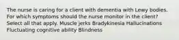 The nurse is caring for a client with dementia with Lewy bodies. For which symptoms should the nurse monitor in the client? Select all that apply. Muscle jerks Bradykinesia Hallucinations Fluctuating cognitive ability Blindness