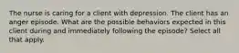 The nurse is caring for a client with depression. The client has an anger episode. What are the possible behaviors expected in this client during and immediately following the episode? Select all that apply.