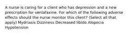 A nurse is caring for a client who has depression and a new prescription for venlafaxine. For which of the following adverse effects should the nurse monitor this client? (Select all that apply) Mydriasis Dizziness Decreased libido Alopecia Hypotension