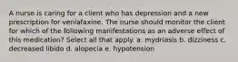 A nurse is caring for a client who has depression and a new prescription for venlafaxine. The nurse should monitor the client for which of the following manifestations as an adverse effect of this medication? Select all that apply. a. mydriasis b. dizziness c. decreased libido d. alopecia e. hypotension