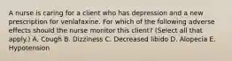 A nurse is caring for a client who has depression and a new prescription for venlafaxine. For which of the following adverse effects should the nurse monitor this client? (Select all that apply.) A. Cough B. Dizziness C. Decreased libido D. Alopecia E. Hypotension