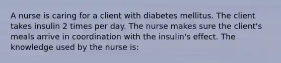 A nurse is caring for a client with diabetes mellitus. The client takes insulin 2 times per day. The nurse makes sure the client's meals arrive in coordination with the insulin's effect. The knowledge used by the nurse is: