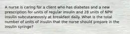 A nurse is caring for a client who has diabetes and a new prescription for units of regular insulin and 28 units of NPH insulin subcutaneously at breakfast daily. What is the total number of units of insulin that the nurse should prepare in the insulin syringe?