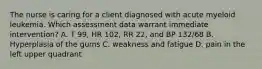 The nurse is caring for a client diagnosed with acute myeloid leukemia. Which assessment data warrant immediate intervention? A. T 99, HR 102, RR 22, and BP 132/68 B. Hyperplasia of the gums C. weakness and fatigue D. pain in the left upper quadrant