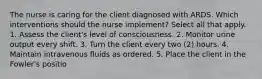 The nurse is caring for the client diagnosed with ARDS. Which interventions should the nurse implement? Select all that apply. 1. Assess the client's level of consciousness. 2. Monitor urine output every shift. 3. Turn the client every two (2) hours. 4. Maintain intravenous fluids as ordered. 5. Place the client in the Fowler's positio