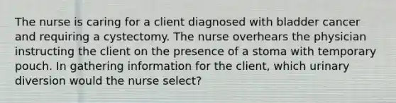 The nurse is caring for a client diagnosed with bladder cancer and requiring a cystectomy. The nurse overhears the physician instructing the client on the presence of a stoma with temporary pouch. In gathering information for the client, which urinary diversion would the nurse select?