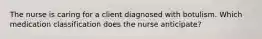 The nurse is caring for a client diagnosed with botulism. Which medication classification does the nurse anticipate?