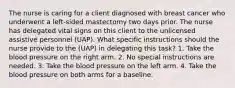 The nurse is caring for a client diagnosed with breast cancer who underwent a left-sided mastectomy two days prior. The nurse has delegated vital signs on this client to the unlicensed assistive personnel (UAP). What specific instructions should the nurse provide to the (UAP) in delegating this task? 1. Take the blood pressure on the right arm. 2. No special instructions are needed. 3. Take the blood pressure on the left arm. 4. Take the blood pressure on both arms for a baseline.