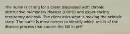 The nurse is caring for a client diagnosed with chronic obstructive pulmonary disease (COPD) and experiencing respiratory acidosis. The client asks what is making the acidotic state. The nurse is most correct to identify which result of the disease process that causes the fall in pH?