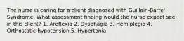 The nurse is caring for a client diagnosed with Guillain-Barre' Syndrome. What assessment finding would the nurse expect see in this client? 1. Areflexia 2. Dysphagia 3. Hemiplegia 4. Orthostatic hypotension 5. Hypertonia