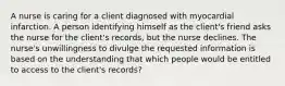 A nurse is caring for a client diagnosed with myocardial infarction. A person identifying himself as the client's friend asks the nurse for the client's records, but the nurse declines. The nurse's unwillingness to divulge the requested information is based on the understanding that which people would be entitled to access to the client's records?