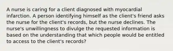 A nurse is caring for a client diagnosed with myocardial infarction. A person identifying himself as the client's friend asks the nurse for the client's records, but the nurse declines. The nurse's unwillingness to divulge the requested information is based on the understanding that which people would be entitled to access to the client's records?