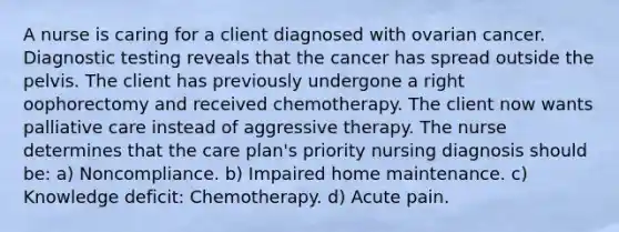 A nurse is caring for a client diagnosed with ovarian cancer. Diagnostic testing reveals that the cancer has spread outside the pelvis. The client has previously undergone a right oophorectomy and received chemotherapy. The client now wants palliative care instead of aggressive therapy. The nurse determines that the care plan's priority nursing diagnosis should be: a) Noncompliance. b) Impaired home maintenance. c) Knowledge deficit: Chemotherapy. d) Acute pain.