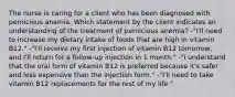 The nurse is caring for a client who has been diagnosed with pernicious anemia. Which statement by the client indicates an understanding of the treatment of pernicious anemia? -"I'll need to increase my dietary intake of foods that are high in vitamin B12." -"I'll receive my first injection of vitamin B12 tomorrow, and I'll return for a follow-up injection in 1 month." -"I understand that the oral form of vitamin B12 is preferred because it's safer and less expensive than the injection form." -"I'll need to take vitamin B12 replacements for the rest of my life."