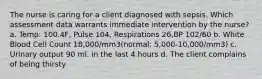 The nurse is caring for a client diagnosed with sepsis. Which assessment data warrants immediate intervention by the nurse? a. Temp: 100.4F, Pulse 104, Respirations 26,BP 102/60 b. White Blood Cell Count 18,000/mm3(normal: 5,000-10,000/mm3) c. Urinary output 90 ml. in the last 4 hours d. The client complains of being thirsty