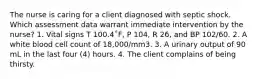 The nurse is caring for a client diagnosed with septic shock. Which assessment data warrant immediate intervention by the nurse? 1. Vital signs T 100.4˚F, P 104, R 26, and BP 102/60. 2. A white blood cell count of 18,000/mm3. 3. A urinary output of 90 mL in the last four (4) hours. 4. The client complains of being thirsty.