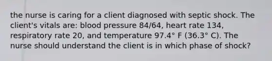 the nurse is caring for a client diagnosed with septic shock. The client's vitals are: blood pressure 84/64, heart rate 134, respiratory rate 20, and temperature 97.4° F (36.3° C). The nurse should understand the client is in which phase of shock?