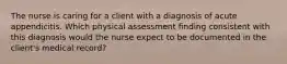 The nurse is caring for a client with a diagnosis of acute appendicitis. Which physical assessment finding consistent with this diagnosis would the nurse expect to be documented in the client's medical record?