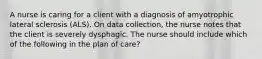 A nurse is caring for a client with a diagnosis of amyotrophic lateral sclerosis (ALS). On data collection, the nurse notes that the client is severely dysphagic. The nurse should include which of the following in the plan of care?