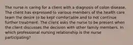 The nurse is caring for a client with a diagnosis of colon disease. The client has expressed to various members of the health care team the desire to be kept comfortable and to not continue further treatment. The client asks the nurse to be present when the client discusses the decision with other family members. In which professional nursing relationship is the nurse participating?