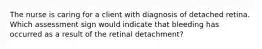 The nurse is caring for a client with diagnosis of detached retina. Which assessment sign would indicate that bleeding has occurred as a result of the retinal detachment?