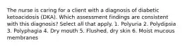 The nurse is caring for a client with a diagnosis of diabetic ketoacidosis (DKA). Which assessment findings are consistent with this diagnosis? Select all that apply. 1. Polyuria 2. Polydipsia 3. Polyphagia 4. Dry mouth 5. Flushed, dry skin 6. Moist mucous membranes