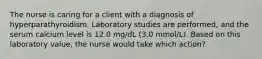 The nurse is caring for a client with a diagnosis of hyperparathyroidism. Laboratory studies are performed, and the serum calcium level is 12.0 mg/dL (3.0 mmol/L). Based on this laboratory value, the nurse would take which action?