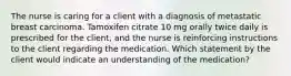 The nurse is caring for a client with a diagnosis of metastatic breast carcinoma. Tamoxifen citrate 10 mg orally twice daily is prescribed for the client, and the nurse is reinforcing instructions to the client regarding the medication. Which statement by the client would indicate an understanding of the medication?