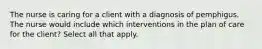 The nurse is caring for a client with a diagnosis of pemphigus. The nurse would include which interventions in the plan of care for the client? Select all that apply.