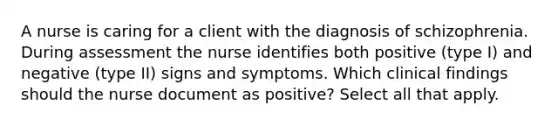 A nurse is caring for a client with the diagnosis of schizophrenia. During assessment the nurse identifies both positive (type I) and negative (type II) signs and symptoms. Which clinical findings should the nurse document as positive? Select all that apply.