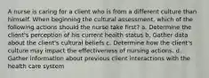 A nurse is caring for a client who is from a different culture than himself. When beginning the cultural assessment, which of the following actions should the nurse take first? a. Determine the client's perception of his current health status b. Gather data about the client's cultural beliefs c. Determine how the client's culture may impact the effectiveness of nursing actions. d. Gather information about previous client interactions with the health care system