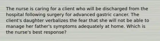 The nurse is caring for a client who will be discharged from the hospital following surgery for advanced gastric cancer. The client's daughter verbalizes the fear that she will not be able to manage her father's symptoms adequately at home. Which is the nurse's best response?