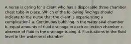 A nurse is caring for a client who has a disposable three-chamber chest tube in place. Which of the following findings should indicate to the nurse that the client is experiencing a complication? a. Continuous bubbling in the water-seal chamber b. equal amounts of fluid drainage in each collection chamber c. absence of fluid in the drainage tubing d. Fluctuations in the fluid level in the water-seal chamber