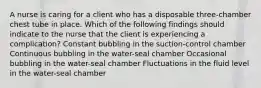 A nurse is caring for a client who has a disposable three-chamber chest tube in place. Which of the following findings should indicate to the nurse that the client is experiencing a complication? Constant bubbling in the suction-control chamber Continuous bubbling in the water-seal chamber Occasional bubbling in the water-seal chamber Fluctuations in the fluid level in the water-seal chamber