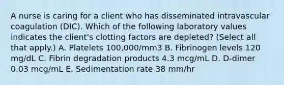 A nurse is caring for a client who has disseminated intravascular coagulation (DIC). Which of the following laboratory values indicates the client's clotting factors are depleted? (Select all that apply.) A. Platelets 100,000/mm3 B. Fibrinogen levels 120 mg/dL C. Fibrin degradation products 4.3 mcg/mL D. D‑dimer 0.03 mcg/mL E. Sedimentation rate 38 mm/hr