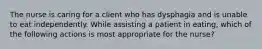 The nurse is caring for a client who has dysphagia and is unable to eat independently. While assisting a patient in eating, which of the following actions is most appropriate for the nurse?