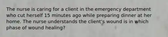 The nurse is caring for a client in the emergency department who cut herself 15 minutes ago while preparing dinner at her home. The nurse understands the client's wound is in which phase of wound healing?