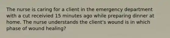 The nurse is caring for a client in the emergency department with a cut receivied 15 minutes ago while preparing dinner at home. The nurse understands the client's wound is in which phase of wound healing?