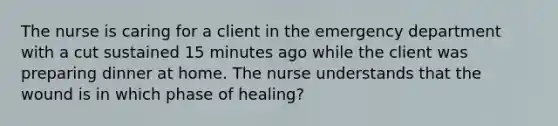 The nurse is caring for a client in the emergency department with a cut sustained 15 minutes ago while the client was preparing dinner at home. The nurse understands that the wound is in which phase of healing?