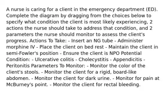 A nurse is caring for a client in the emergency department (ED). Complete the diagram by dragging from the choices below to specify what condition the client is most likely experiencing, 2 actions the nurse should take to address that condition, and 2 parameters the nurse should monitor to assess the client's progress. Actions To Take: - Insert an NG tube - Administer morphine IV - Place the client on bed rest - Maintain the client in semi-Fowler's position - Ensure the client is NPO Potential Condition: - Ulcerative colitis - Cholecystitis - Appendicitis - Peritonitis Parameters To Monitor: - Monitor the color of the client's stools. - Monitor the client for a rigid, board-like abdomen. - Monitor the client for dark urine. - Monitor for pain at McBurney's point. - Monitor the client for rectal bleeding.