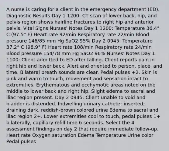 A nurse is caring for a client in the emergency department (ED). Diagnostic Results Day 1 1200: CT scan of lower back, hip, and pelvis region shows hairline fractures to right hip and anterior pelvis. Vital Signs Nurses' Notes Day 1 1200: Temperature 36.4° C (97.5° F) Heart rate 92/min Respiratory rate 22/min Blood pressure 146/85 mm Hg SaO2 95% Day 2 0945: Temperature 37.2° C (98.9° F) Heart rate 108/min Respiratory rate 24/min Blood pressure 154/78 mm Hg SaO2 96% Nurses' Notes Day 1 1100: Client admitted to ED after falling. Client reports pain in right hip and lower back. Alert and oriented to person, place, and time. Bilateral breath sounds are clear. Pedal pulses +2. Skin is pink and warm to touch, movement and sensation intact to extremities. Erythematous and ecchymotic areas noted on the middle to lower back and right hip. Slight edema to sacral and iliac region present. Day 2 0945: Client unable to void and bladder is distended. Indwelling urinary catheter inserted; draining dark, reddish-brown colored urine Edema to sacral and iliac region 2+. Lower extremities cool to touch, pedal pulses 1+ bilaterally, capillary refill time 6 seconds. Select the 4 assessment findings on day 2 that require immediate follow-up. Heart rate Oxygen saturation Edema Temperature Urine color Pedal pulses