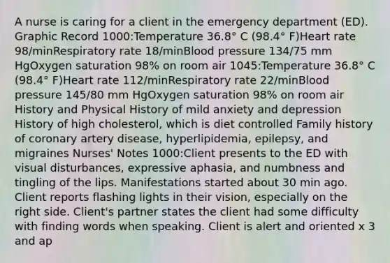 A nurse is caring for a client in the emergency department (ED). Graphic Record 1000:Temperature 36.8° C (98.4° F)Heart rate 98/minRespiratory rate 18/min<a href='https://www.questionai.com/knowledge/kD0HacyPBr-blood-pressure' class='anchor-knowledge'>blood pressure</a> 134/75 mm HgOxygen saturation 98% on room air 1045:Temperature 36.8° C (98.4° F)Heart rate 112/minRespiratory rate 22/minBlood pressure 145/80 mm HgOxygen saturation 98% on room air History and Physical History of mild anxiety and depression History of high cholesterol, which is diet controlled Family history of coronary artery disease, hyperlipidemia, epilepsy, and migraines Nurses' Notes 1000:Client presents to the ED with visual disturbances, expressive aphasia, and numbness and tingling of the lips. Manifestations started about 30 min ago. Client reports flashing lights in their vision, especially on the right side. Client's partner states the client had some difficulty with finding words when speaking. Client is alert and oriented x 3 and ap