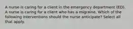 A nurse is caring for a client in the emergency department (ED). A nurse is caring for a client who has a migraine. Which of the following interventions should the nurse anticipate? Select all that apply.