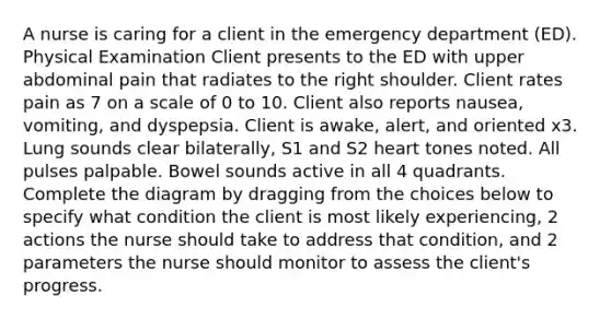 A nurse is caring for a client in the emergency department (ED). Physical Examination Client presents to the ED with upper abdominal pain that radiates to the right shoulder. Client rates pain as 7 on a scale of 0 to 10. Client also reports nausea, vomiting, and dyspepsia. Client is awake, alert, and oriented x3. Lung sounds clear bilaterally, S1 and S2 heart tones noted. All pulses palpable. Bowel sounds active in all 4 quadrants. Complete the diagram by dragging from the choices below to specify what condition the client is most likely experiencing, 2 actions the nurse should take to address that condition, and 2 parameters the nurse should monitor to assess the client's progress.