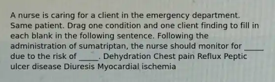 A nurse is caring for a client in the emergency department. Same patient. Drag one condition and one client finding to fill in each blank in the following sentence. Following the administration of sumatriptan, the nurse should monitor for _____ due to the risk of _____. Dehydration Chest pain Reflux Peptic ulcer disease Diuresis Myocardial ischemia