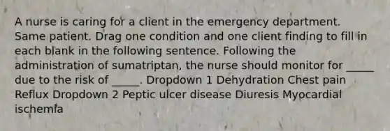 A nurse is caring for a client in the emergency department. Same patient. Drag one condition and one client finding to fill in each blank in the following sentence. Following the administration of sumatriptan, the nurse should monitor for _____ due to the risk of _____. Dropdown 1 Dehydration Chest pain Reflux Dropdown 2 Peptic ulcer disease Diuresis Myocardial ischemia