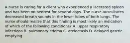 A nurse is caring for a client who experienced a lacerated spleen and has been on bedrest for several days. The nurse auscultates decreased breath sounds in the lower lobes of both lungs. The nurse should realize that this finding is most likely an indication of which of the following conditions? A. upper respiratory infections B. pulmonary edema C. atelectasis D. delayed gastric emptying