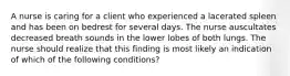 A nurse is caring for a client who experienced a lacerated spleen and has been on bedrest for several days. The nurse auscultates decreased breath sounds in the lower lobes of both lungs. The nurse should realize that this finding is most likely an indication of which of the following conditions?