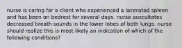 nurse is caring for a client who experienced a lacerated spleen and has been on bedrest for several days. nurse auscultates decreased breath sounds in the lower lobes of both lungs. nurse should realize this is most likely an indication of which of the following conditions?