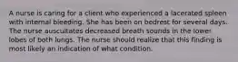 A nurse is caring for a client who experienced a lacerated spleen with internal bleeding. She has been on bedrest for several days. The nurse auscultates decreased breath sounds in the lower lobes of both lungs. The nurse should realize that this finding is most likely an indication of what condition.